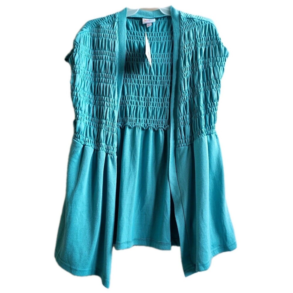 NWT Lularoe Kaylin Aqua Short Sleeved Smocked Cardigan Vest Size Small
